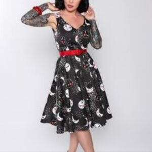 Black and White Cat Print Dress with Red Belt